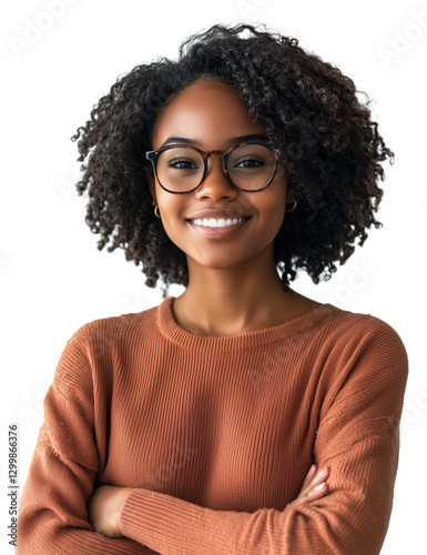 Portrait of an intelligent, smart African American young women or college student with curly hair, wearing glasses and a brown top, isolated on a transparent background, cut out