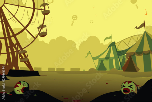 A nightmarish carnival scene broken rides, twisted structures, eerie lighting, and a sense of impending doom.  Focus on the unsettling atmosphere.