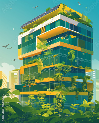 Eco-Friendly Office Building Exterior Illustration - エコフレンドリーなオフィスビル外観イラスト