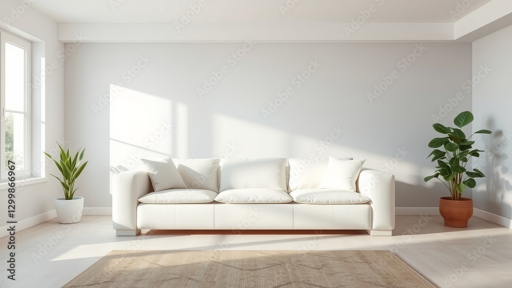 Fototapeta premium Modern white couch in bright and airy living room surrounded by natural light and decor