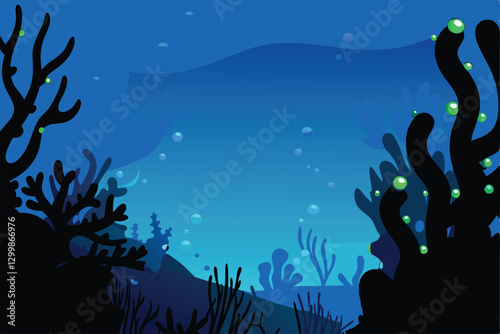 Eerie, dimly lit underwater scene featuring dark, intricate coral formations, showcasing a mysterious underwater kingdom.