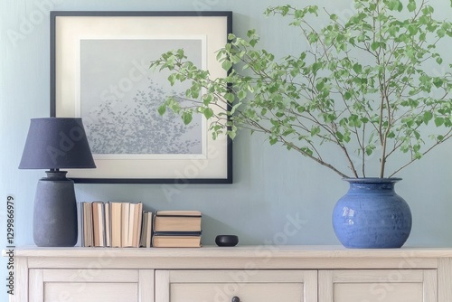Chic Relaxed Office Background With Decorative Greenery, Modern Lamp, And Framed Art Creating A Calm Atmosphere
