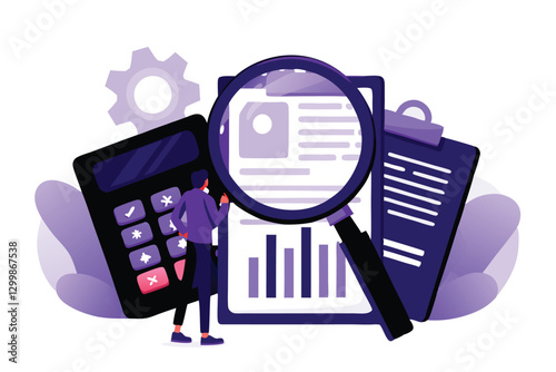 Create a vector illustration depicting a stressed person undergoing a tax audit;  show paperwork, magnifying glass, and a looming audit figure.