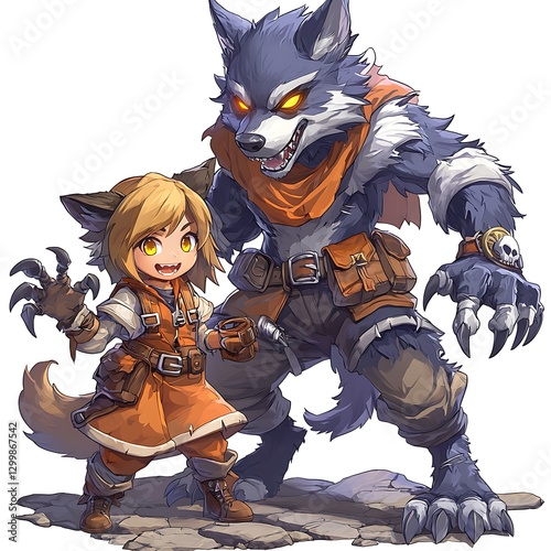 Wolf and girl adventure on stone ground