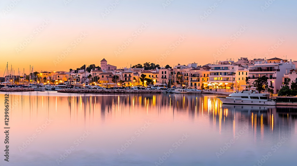 Fototapeta premium Coastal Cityscape at Sunset with Reflections in Tranquil Waters