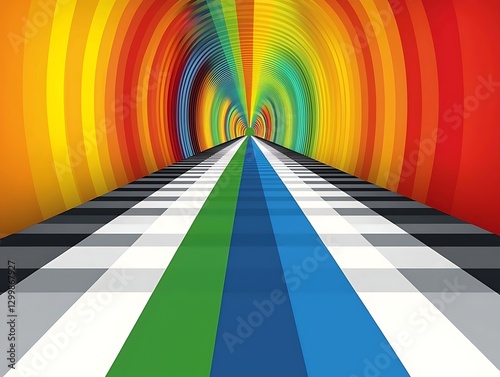 Rainbow tunnel with striped ground