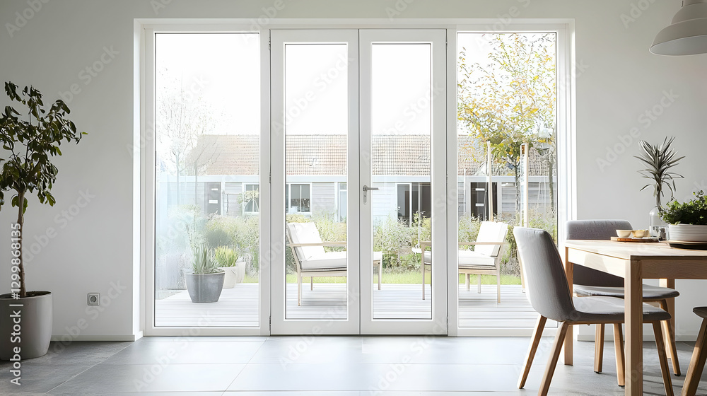 Fototapeta premium Bright Interior With White Walls Large Windows and Wooden Dining Table Setting