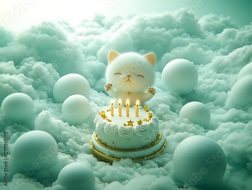 Kitten with cake on clouds background