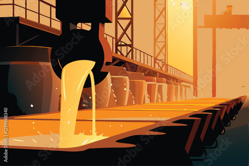 Create a detailed vector illustration of a steel mill at night, showcasing glowing molten metal being poured. Focus on industrial machinery and fiery details.