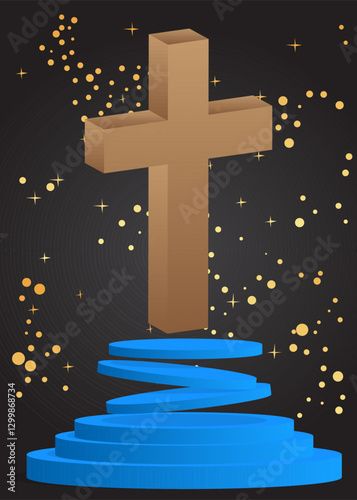 Mockup product display with Religion cross, Crucifix. Vector cylinder pedestal podium. Stage showcase for presentation. Minimal geometric forms.