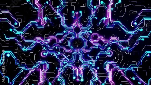 A cyberpunk inspired abstract animation, featuring glowing circuits, deep space hue, and a rhythmic trance vibe.
