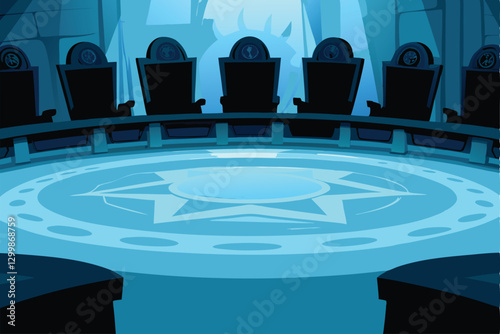 A dimly lit villain's council chamber; imposing high-backed chairs encircle a massive, dark oak table.  Intricate carvings adorn the walls.