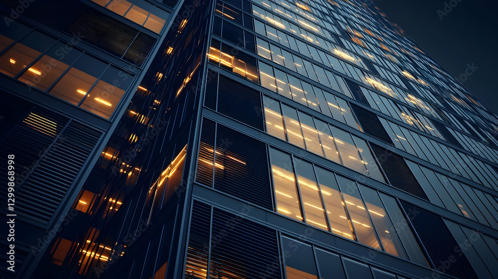 Naklejka premium High Angle View of Modern Blue and Gold Building Facade with Geometric Grid Pattern at Night