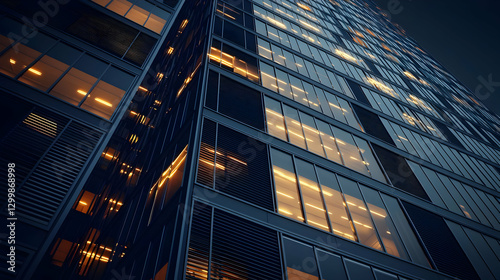 Wallpaper Mural High Angle View of Modern Blue and Gold Building Facade with Geometric Grid Pattern at Night Torontodigital.ca