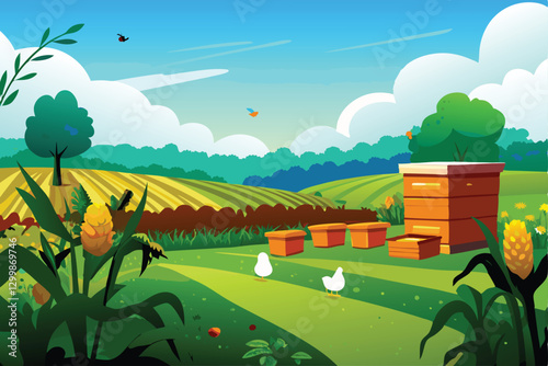 Vibrant illustration of a biodiverse farm showcasing beehives, free-range chickens, and abundant vegetation, possibly a vegetable patch indicated by 'V'.