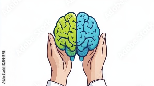Hands Holding Brain Illustration in Bright Colors for Creativity Concept