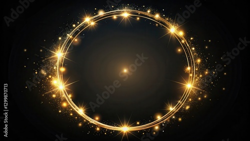 A delicate golden circle frame adorned with intricate sparkle lights, set against a sleek and modern black backdrop, exuding elegance and refinement , refined, black backdrop