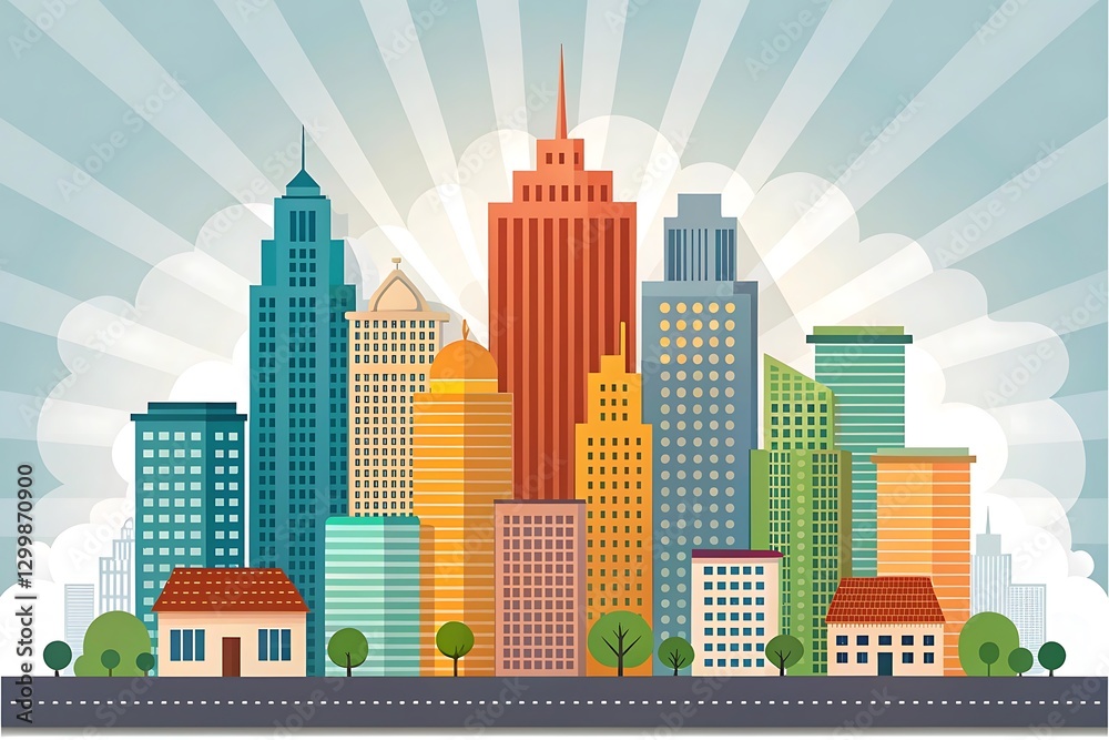 Vibrant Cityscape Illustration Modern Buildings, Sunburst Design Vibrant Cityscape Illustration Modern Buildings, Sunburst Design