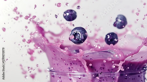 A playful splash of blueberry smoothie, droplets captured mid-air against a white surface.