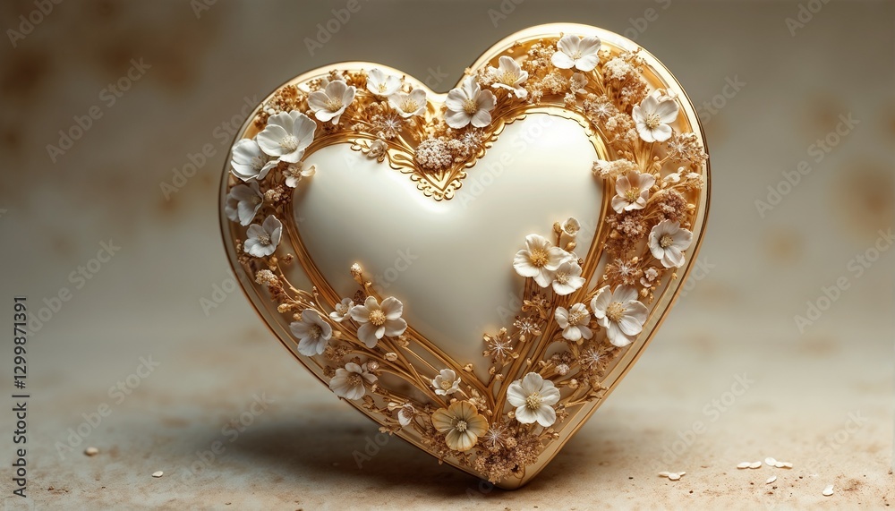 Fototapeta premium Elegant Gilded Heart with Delicate White and Beige Pressed Flower Border