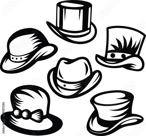 Premium quality various stylized hats silhouette vector art, various stylized hats line art vector illustration design set