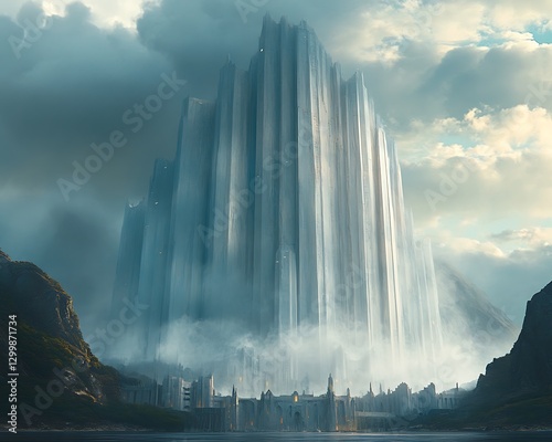 A tall architectural structure against a cloudy sky background