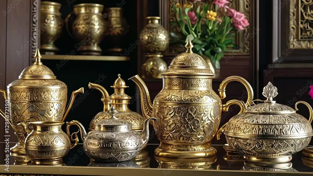 a collection of ornate, antique-style metalware displayed on a glass shelf, Aladdin's lamp, Egyptian shop, showcase, antiques, Arabic tableware, traditional art a collection of ornate, antique-style metalware displayed on a glass shelf, Aladdin's lamp, Egyptian shop, showcase, antiques, Arabic tableware, traditional art