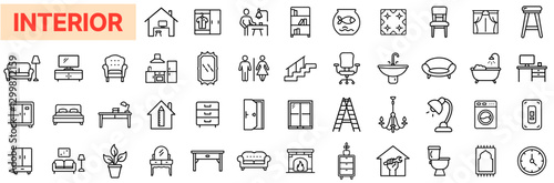 Interior Design & Home Decor Outline Icon Bundle – Modern, Minimalist, Office, Living Spaces, Furniture & Architecture