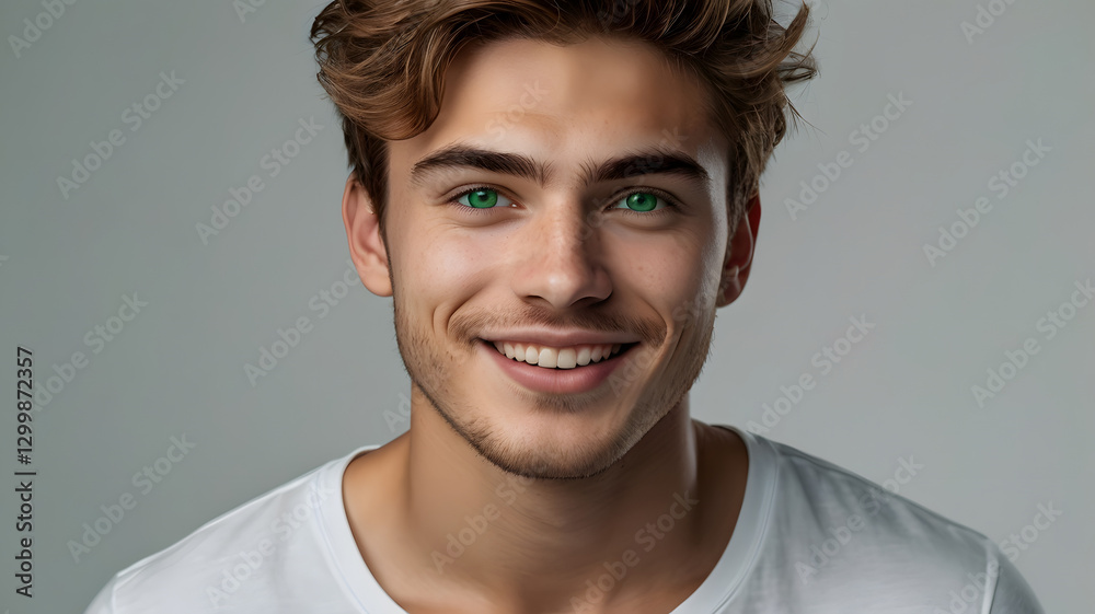 Obraz premium a handsome young man with green eyes smiles brightly at the camera, exuding confidence and charm