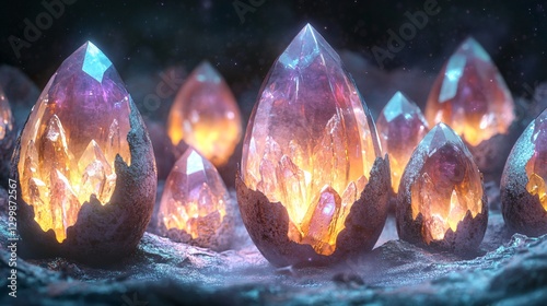 Glowing Crystal Geodes Nestled in Volcanic Rock - Mystical Energy and Gemstone Formation