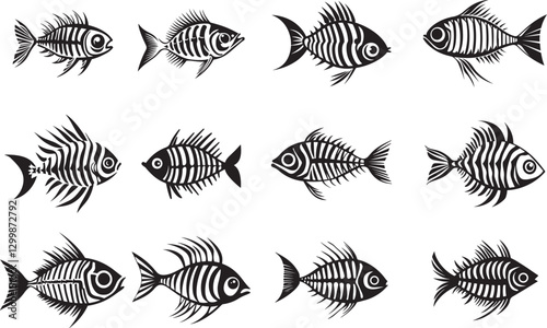 Skeleton Fish Collection – Hand-Drawn Tribal Fish Bone Vector Set. Great for tattoos, seafood restaurant branding, and nautical-themed designs.