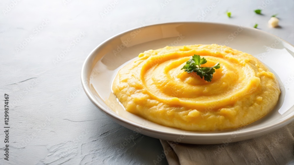 Creamy polenta and melted cheese on a plate, surrounded by a simple white background