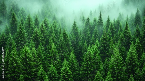 Dense Green Forest With Mist
