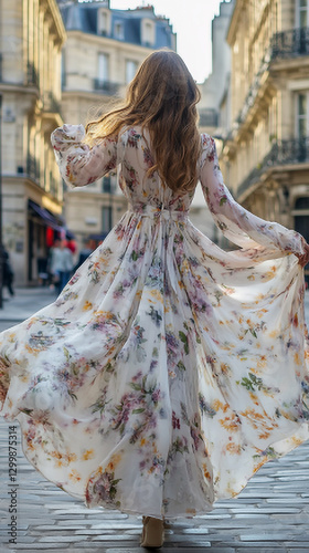 Elegant woman in a flowing floral dress walking through a charming European street, capturing a romantic and carefree summer moment in a picturesque urban setting photo