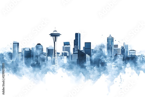 Seattle Skyline Watercolor Cityscape