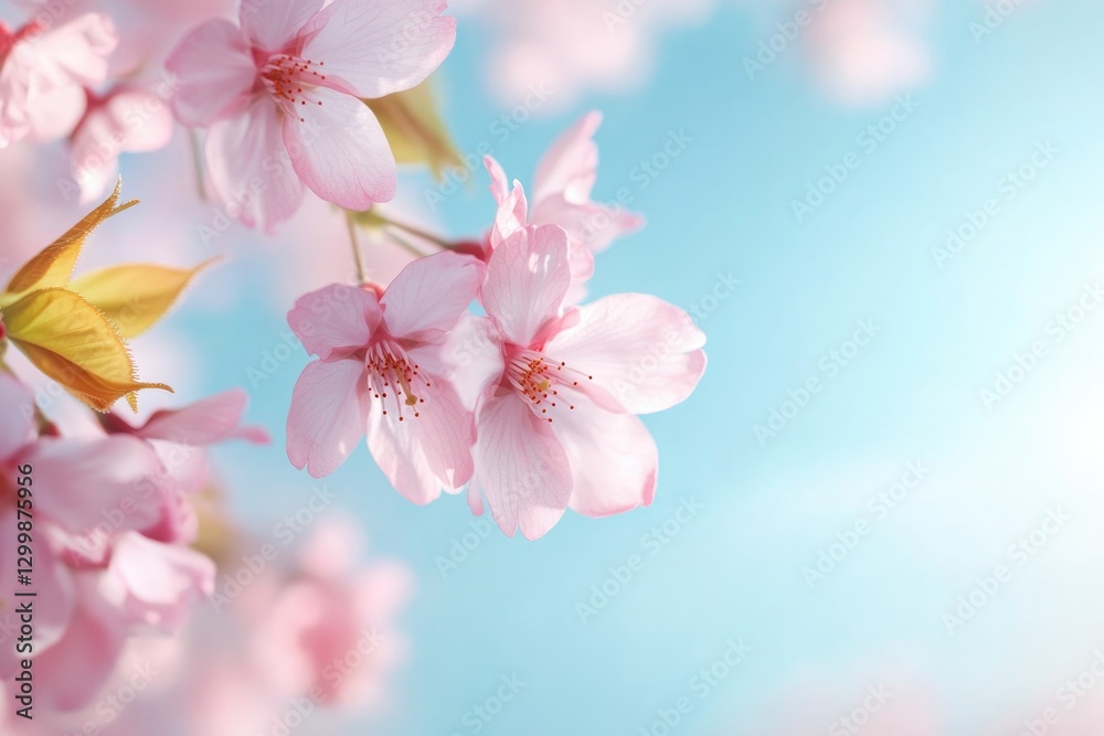 Obraz premium close-up of blooming cherry blossoms on sunny day capturing delicate pink petals against clear blue sky with ample