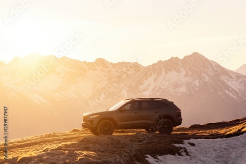 powerful suv cruises gracefully over rugged scenic mountain path bathed in golden sunset light accentuating vehicle