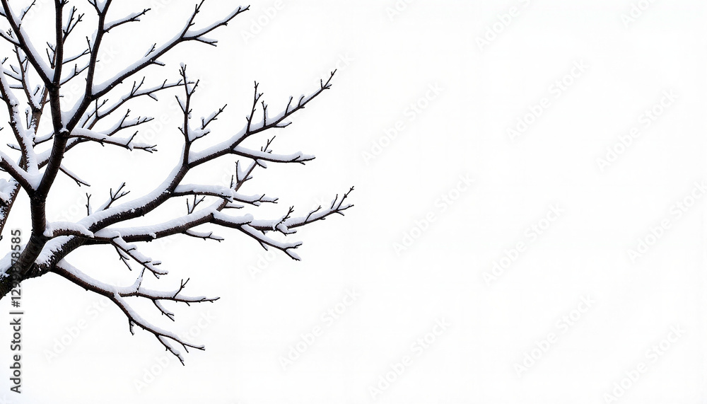 Bare winter branches coated in powdery snow against white backdrop, tranquility