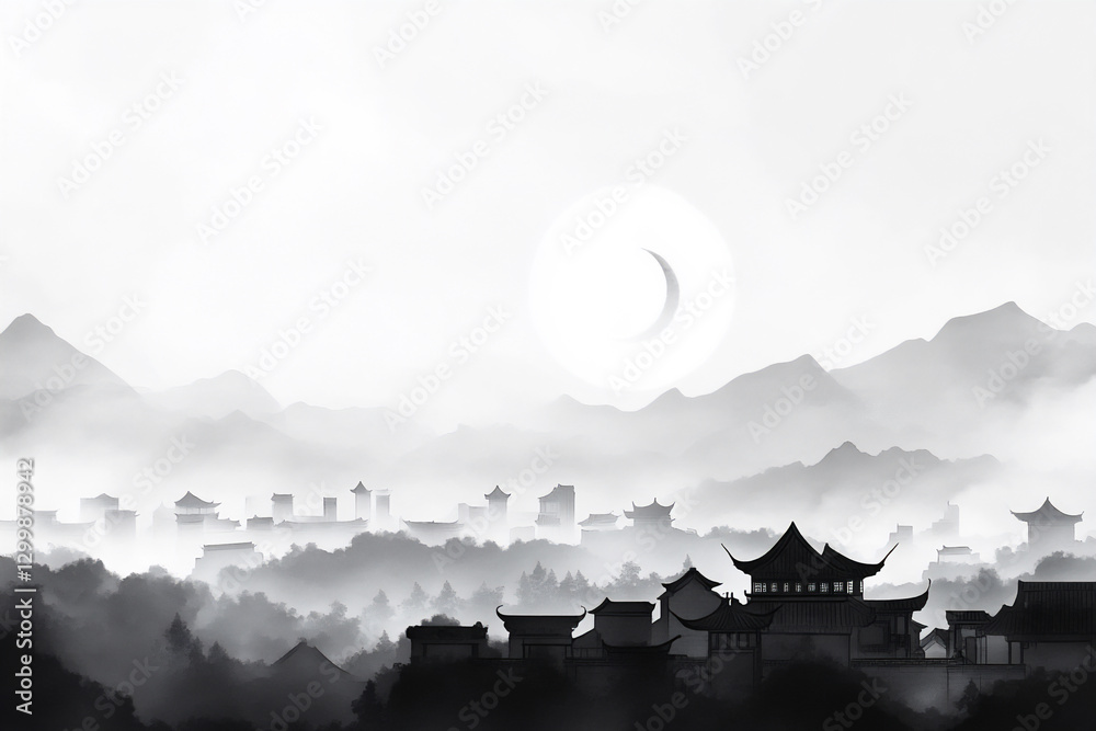 Fototapeta premium a chinese-style ink painting background with the sun rising over tradition