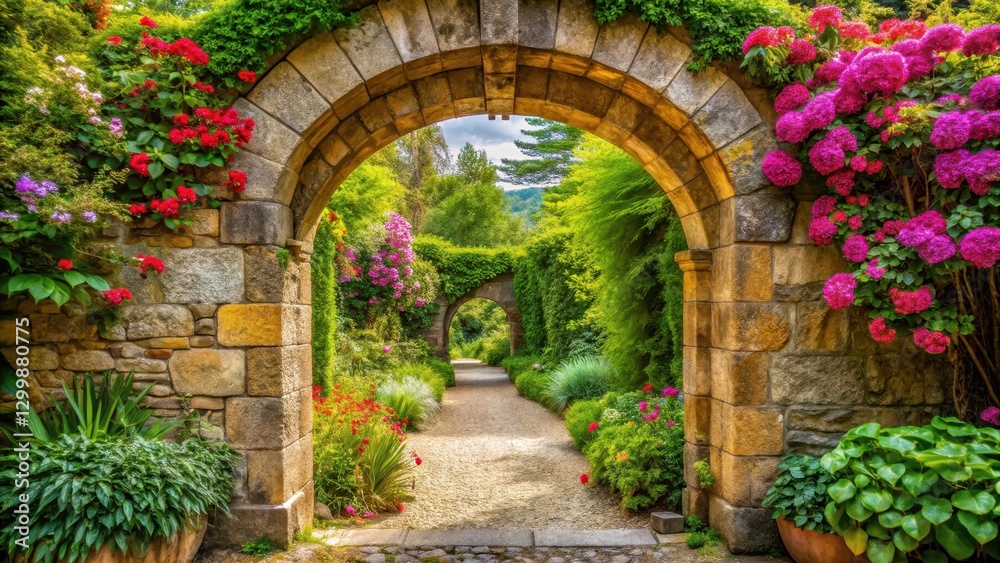 Fototapeta premium Ancient stone archway spans over a tranquil courtyard surrounded by vibrant greenery and vibrant flowers in full bloom leading to a serene oasis , garden, landscape