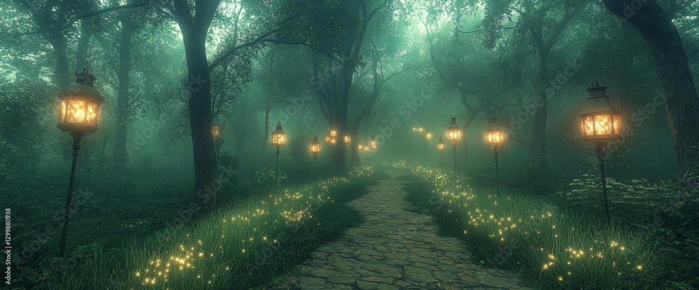 Obraz premium Enchanted Forest Pathway With Lanterns