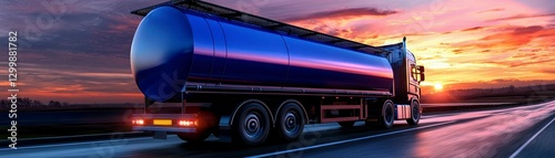 Fuel Tanker Truck on the Road at Sunset Transporting Goods and Supplies at Twilight Hour