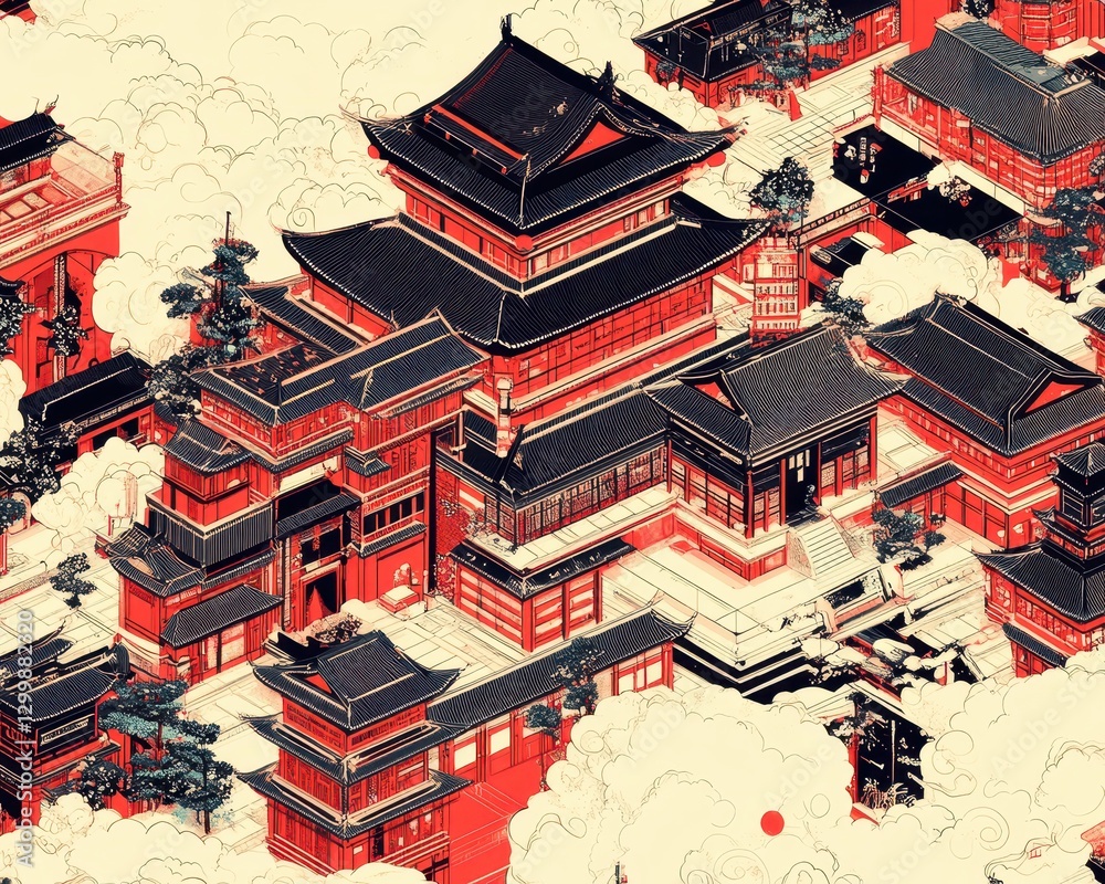Obraz premium Cultural heritage festival ancient city digital artwork vibrant environment aerial view tradition and art