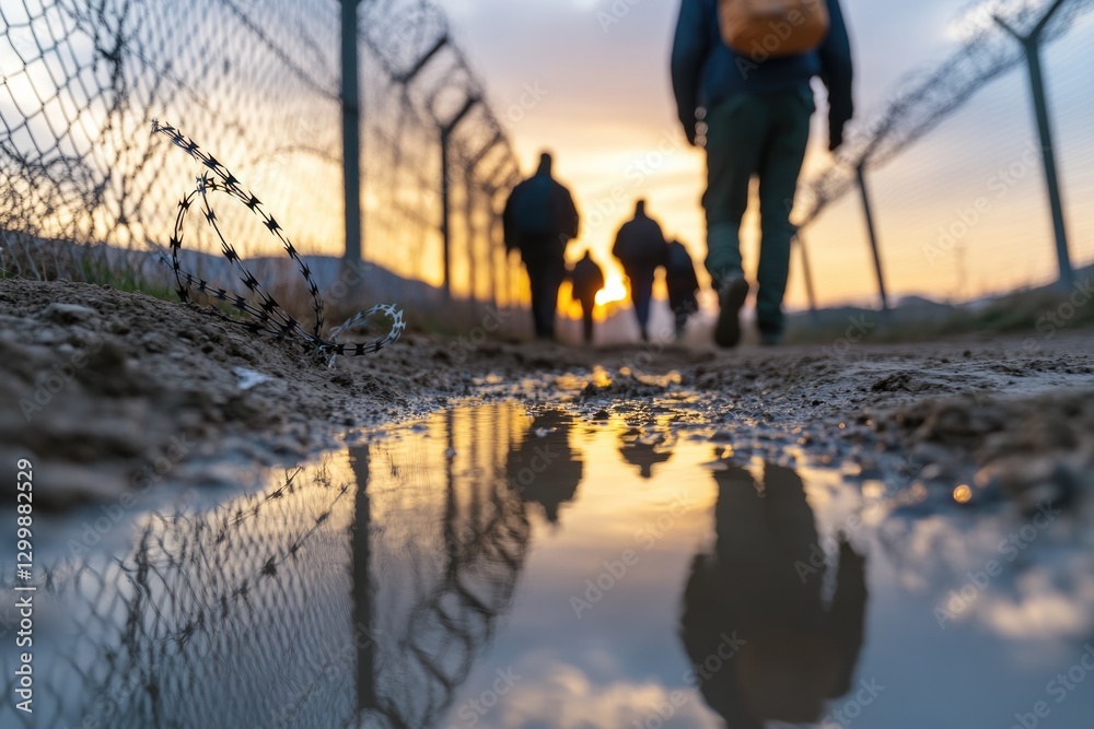 Fototapeta premium Unlawful passage: refugee attempts illegal crossing, migration struggles, border security, barbed wire obstacles, human rights issues, displacement crisis, global challenges, undocumented movement.