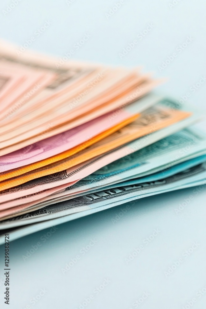 close-up shot of colorful currency bills from emerging market economies neatly fanned out on plain surface close-up shot of colorful currency bills from emerging market economies neatly fanned out on plain surface