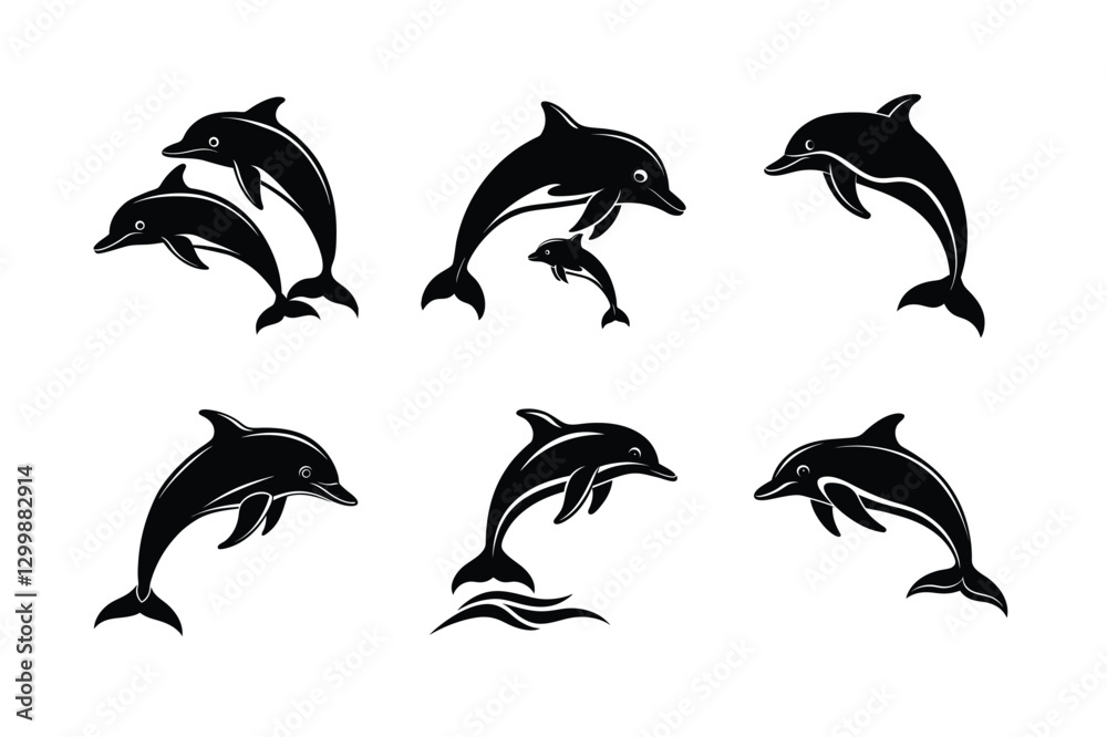 Fototapeta premium Bundle Vector Silhouettes of Playful and Jumping Dolphins