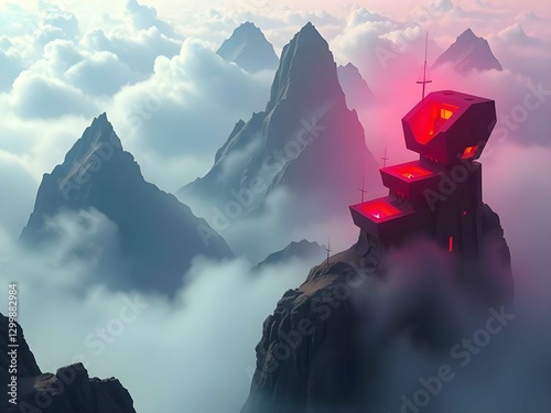 Surreal geometric architecture floating in misty mountains, impossibly balanced structures with dramatic lighting and atmospheric perspective photo