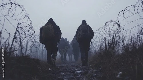 Border dilemma: migrant faces fence, unlawful entry, refugee journey, barbed barrier, crossing attempt, forced migration, security conflict, international issue, restricted passage, perilous escape.