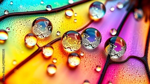 Hyperrealistic macro shot of dewdrops on iridescent butterfly wings, capturing prismatic light refraction and vibrant hues