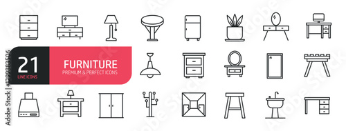 Set of line icons related to furniture, television set, table, mirror, sideboard.  Outline icons collection. Editable stroke. Vector illustration